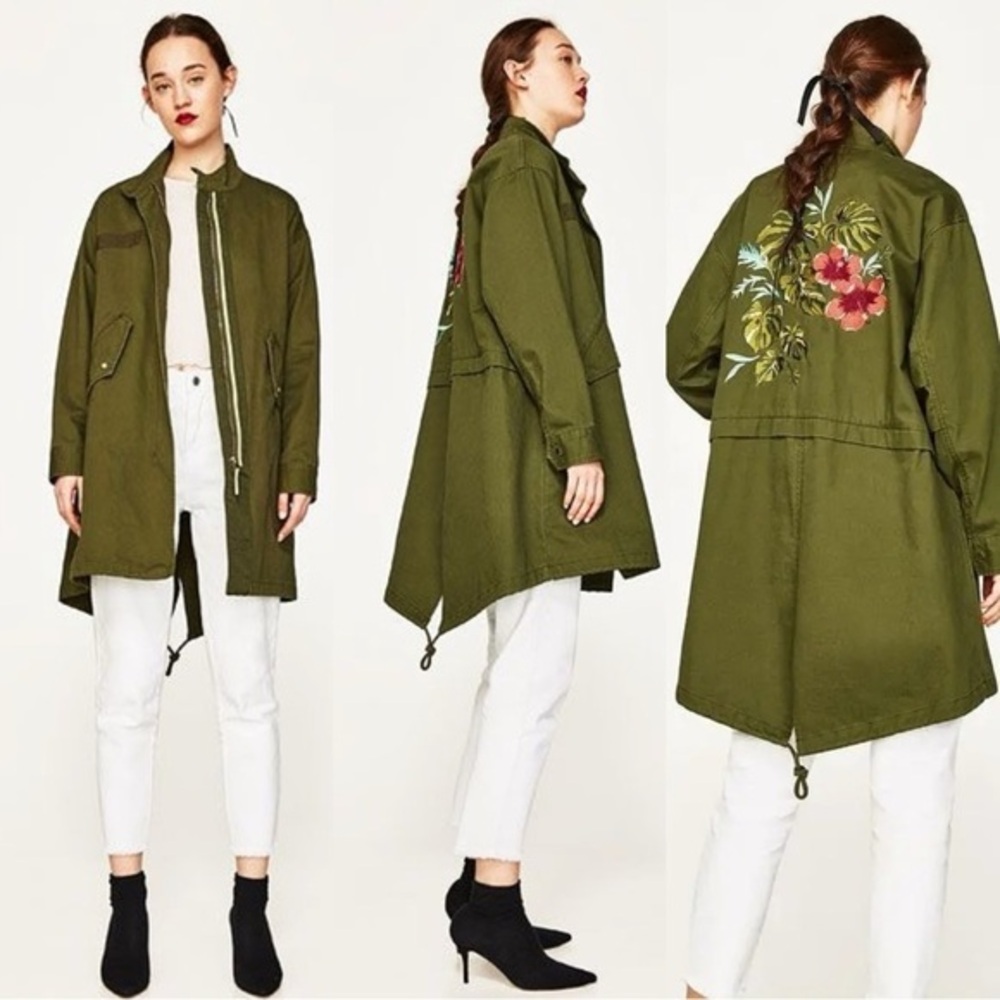 Zara Floral Embroidered Green Utility Jacket